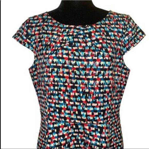 Black Label by Evan Picone A Line Multicolor Geo Print Dress with Cap Sleeves Sz - Picture 2 of 13